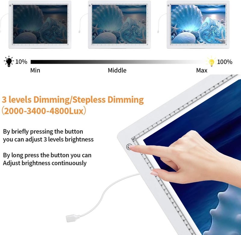 Zocelight لوحة إضاءة A3 لمجموعة رسم الماس، 4800 لوكس سوبر برايت 5 مم لوحة فنية رفيعة للغاية مع حامل ومشبك، صندوق إضاءة بتعتيم 3 مستويات للرسم، التخطيط، الرسوم المتحركة (أبيض) - Image 2